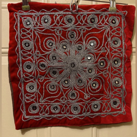 None Other - Red Velvet Pillow Cover Pair with Silver Embroidered Design